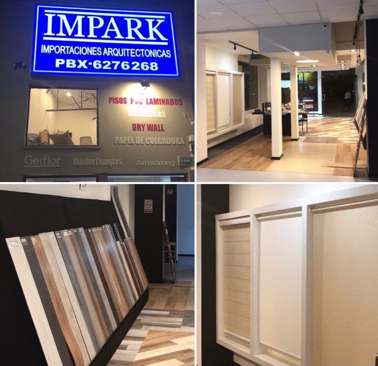 Showroom de IMPARK con muestras de pisos vinílicos y marcas Gerflor, Hunter Douglas y Armstrong