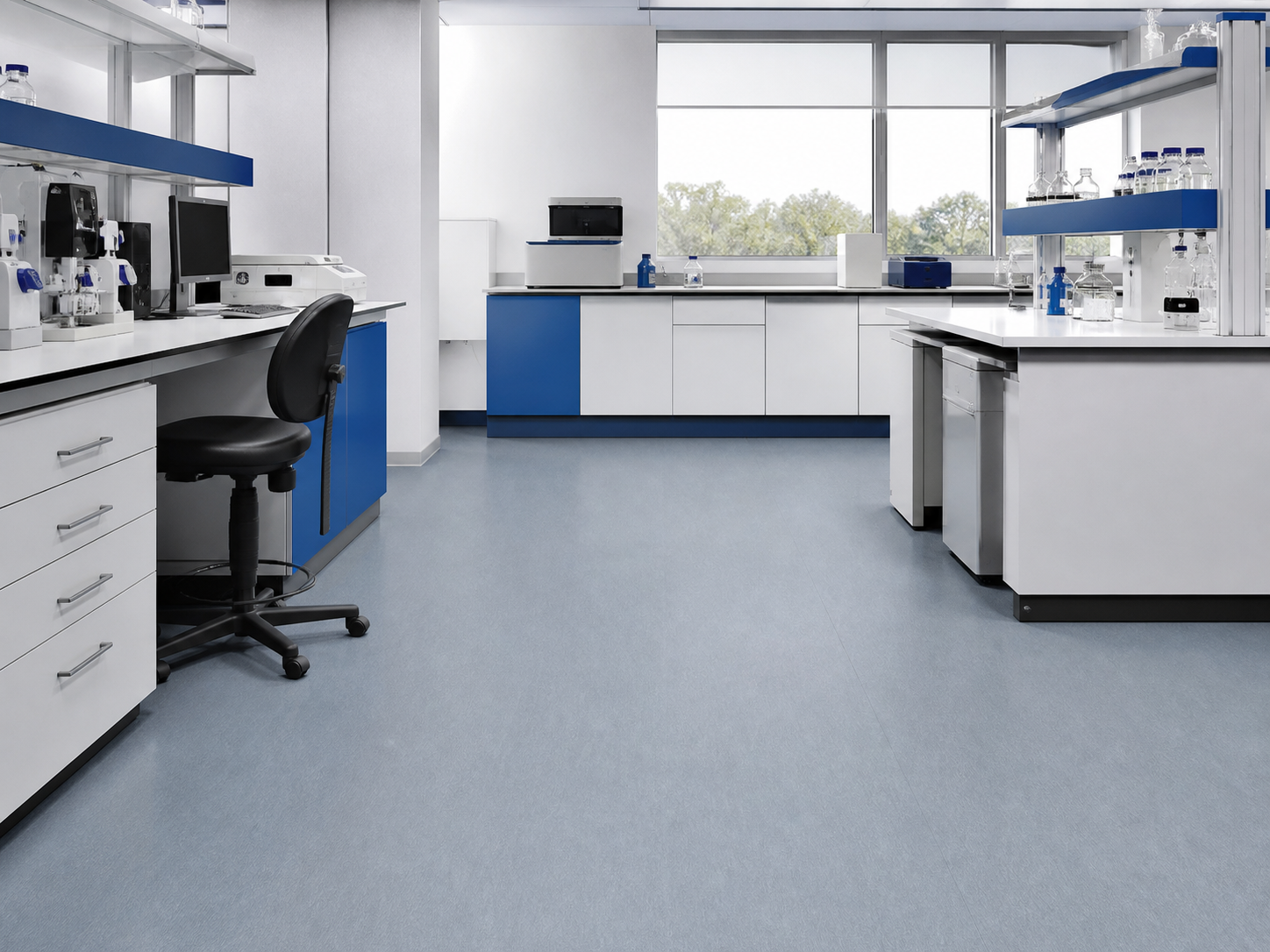Laboratorio moderno con piso vinílico continuo azul grisáceo