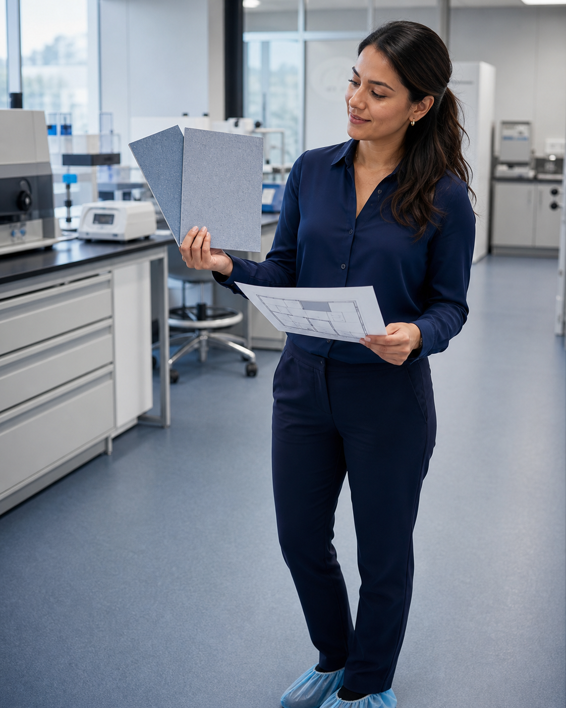 Asesora técnica comparando muestras de piso vinílico para un laboratorio