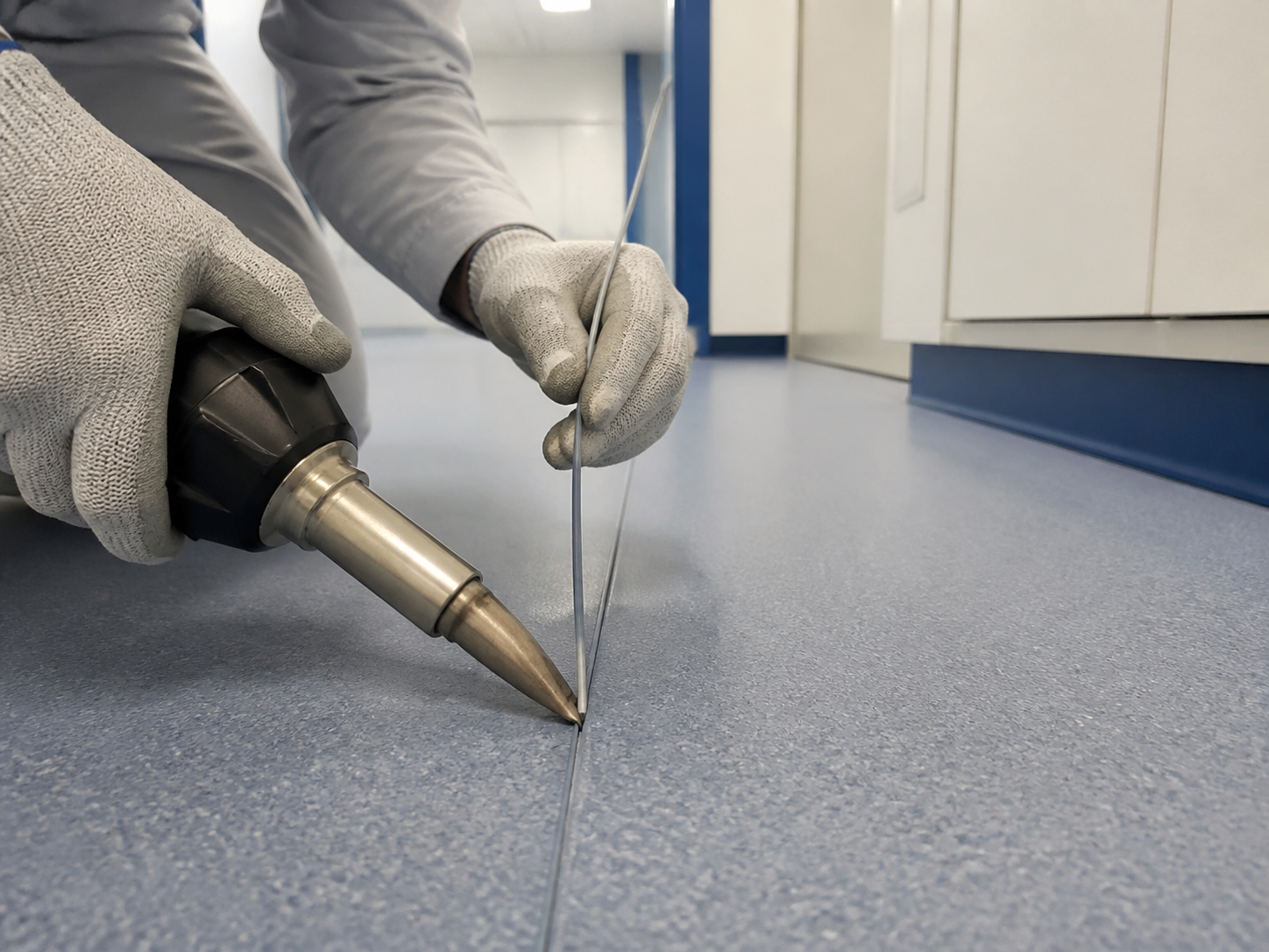 Instalador realizando termofusión de una junta de piso vinílico en laboratorio