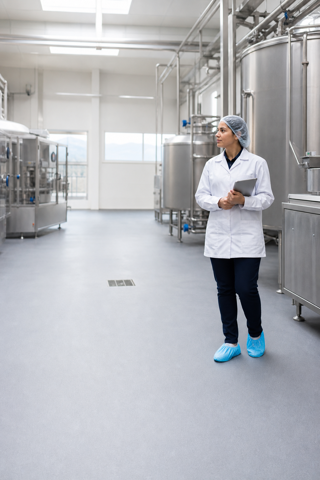 Supervisora en planta de alimentos con piso vinílico continuo en rollo