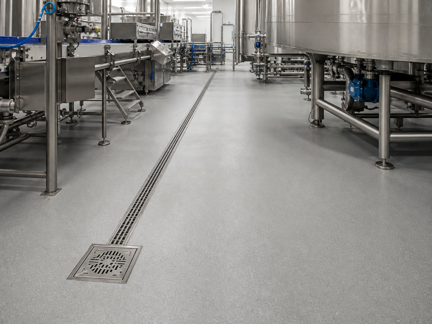 Piso continuo con drenaje en zona de procesamiento de alimentos