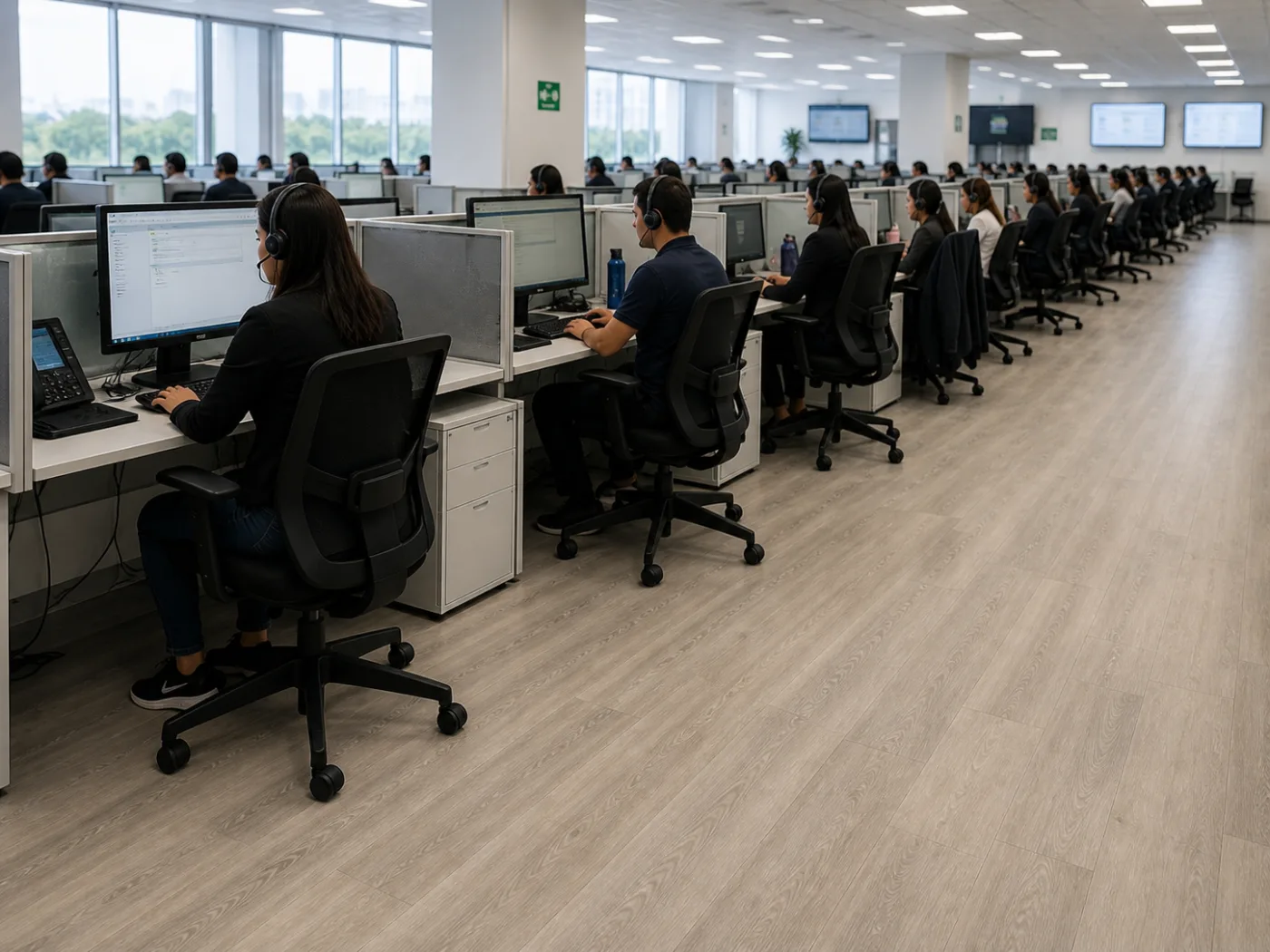 Puestos de agentes de un call center con piso en vinilo en rollo