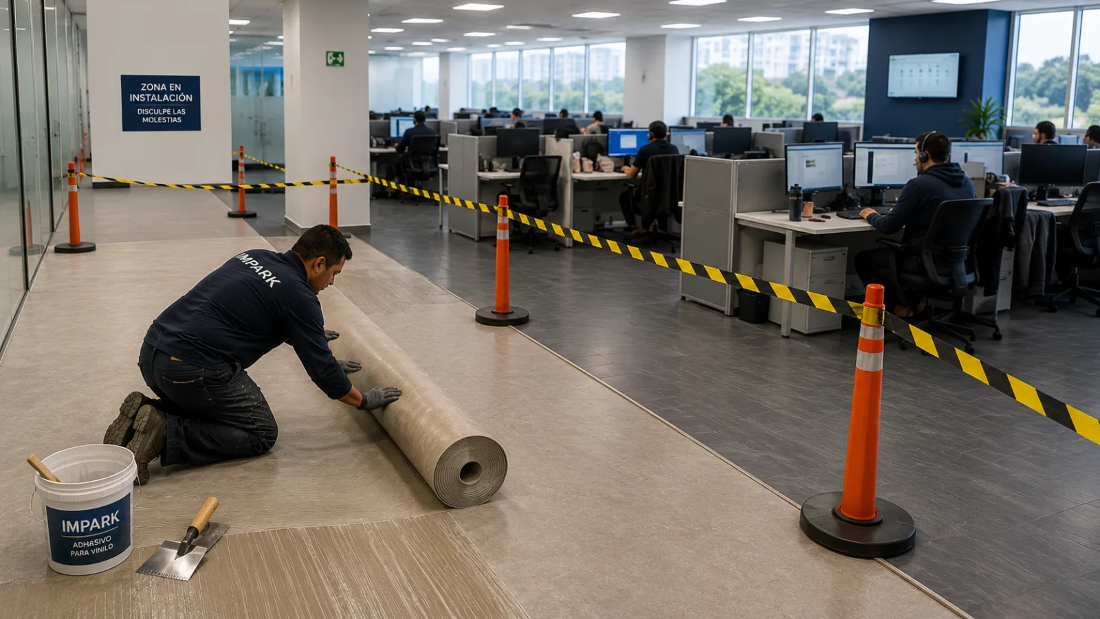 Instalación de piso en vinilo en rollo por sectores en un call center en operación