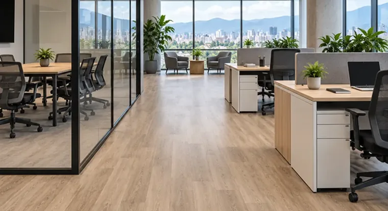 Planta abierta de oficina con piso en vinilo SPC Click y puestos de trabajo