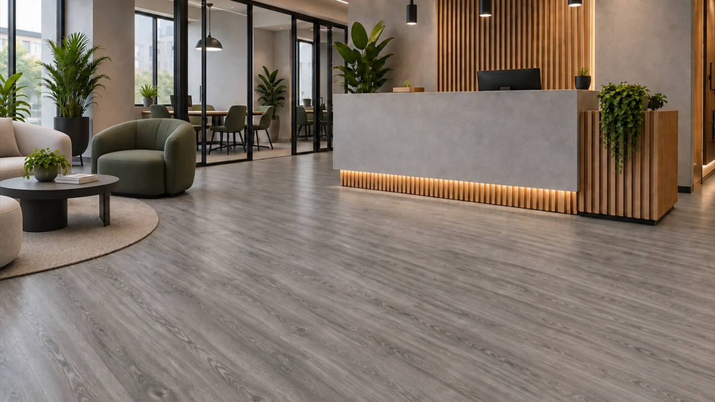 Recepción y sala de espera de una oficina con piso en vinilo en tableta acabado madera gris