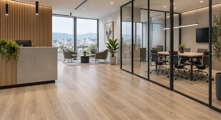 Recepción y sala de reuniones de una oficina con piso en vinilo Dryback en diseño madera